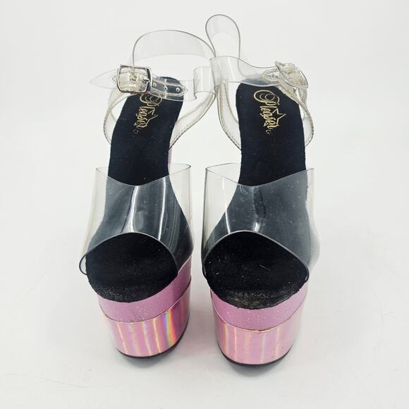 Pleaser Platform 9" Heels Adore 708 Pink Glitter Hologram Ankle Strap 8 - Picture 2 of 11